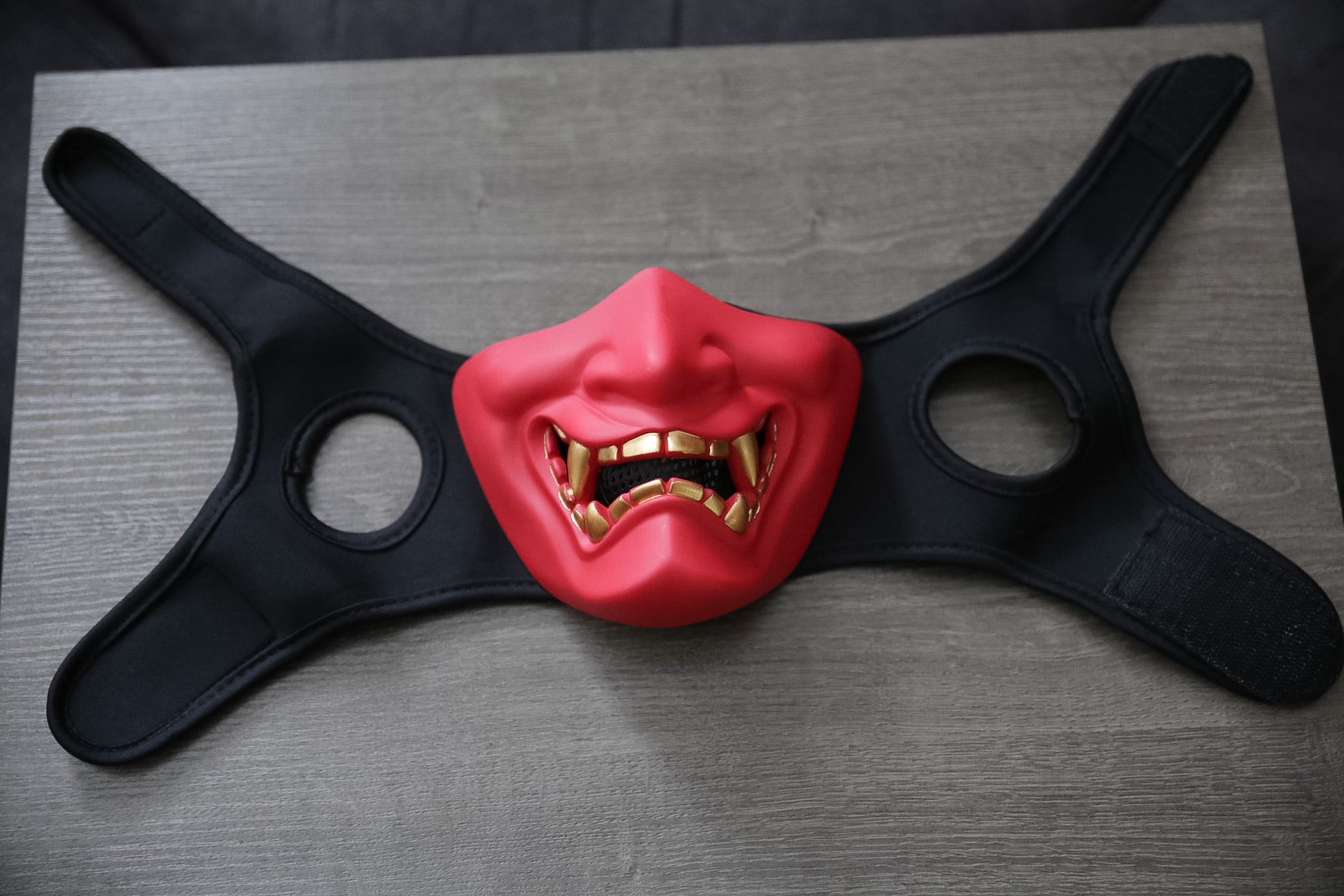 Tutorial showing how to affix the Velcro stickers on to the half face devil mask